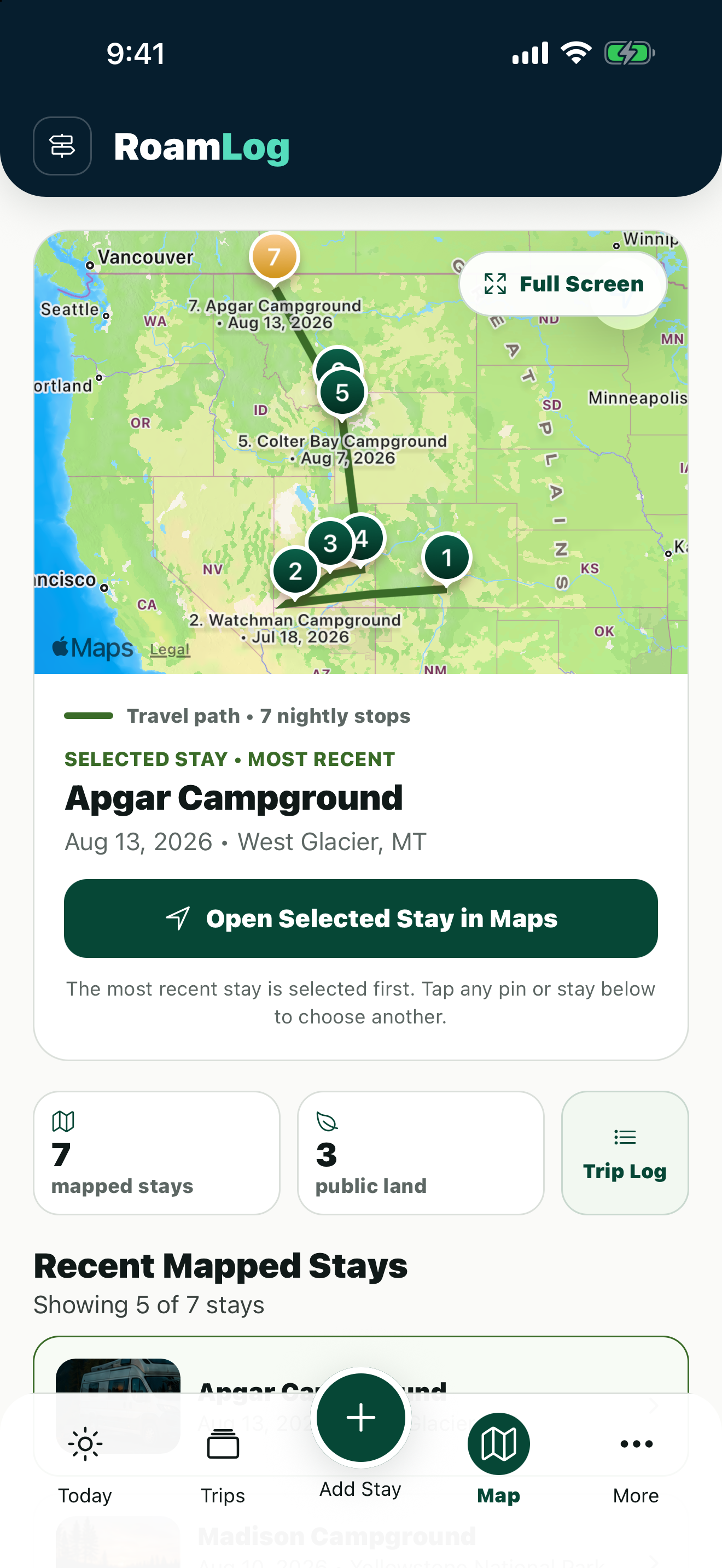 RoamLog map connecting seven overnight stops in the western United States