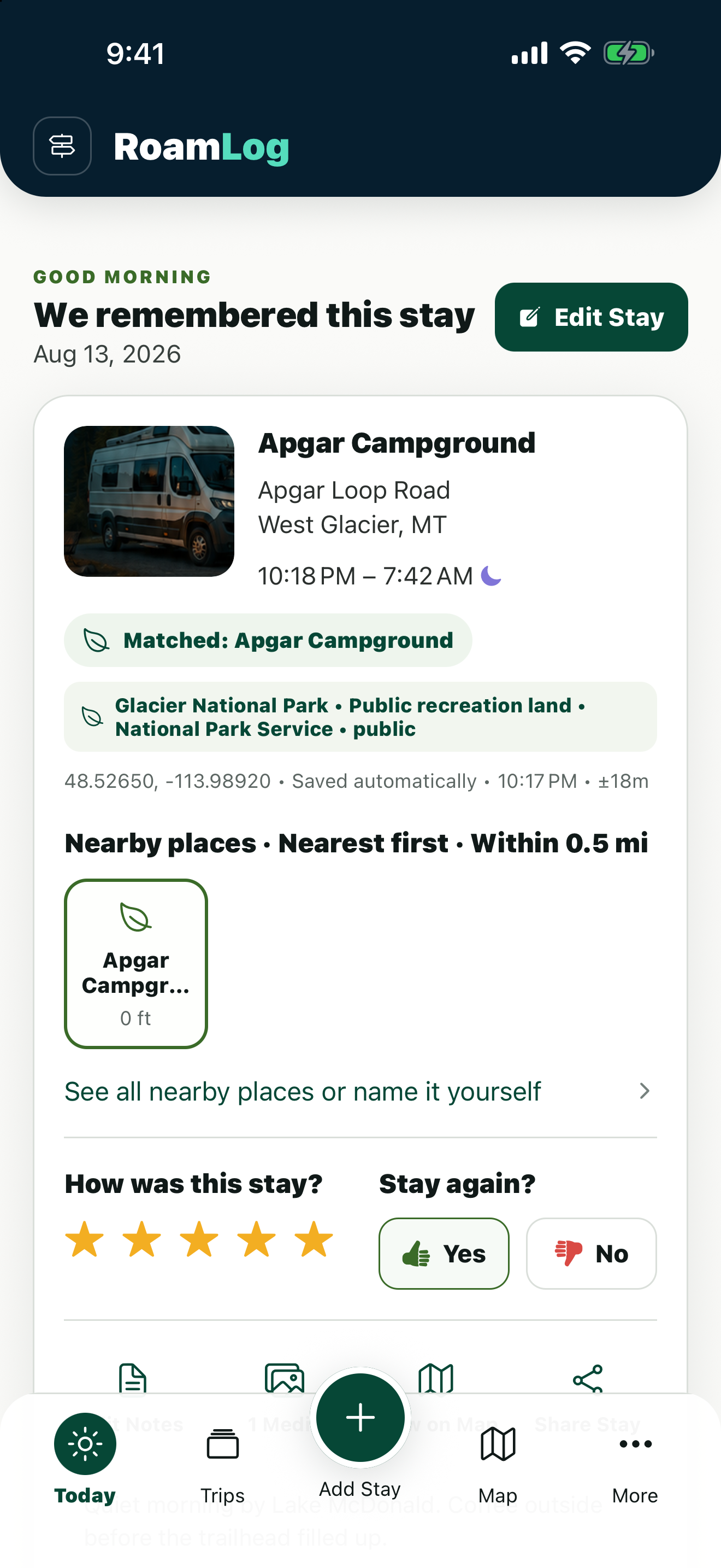 RoamLog stay log showing campground details, notes, and a rating
