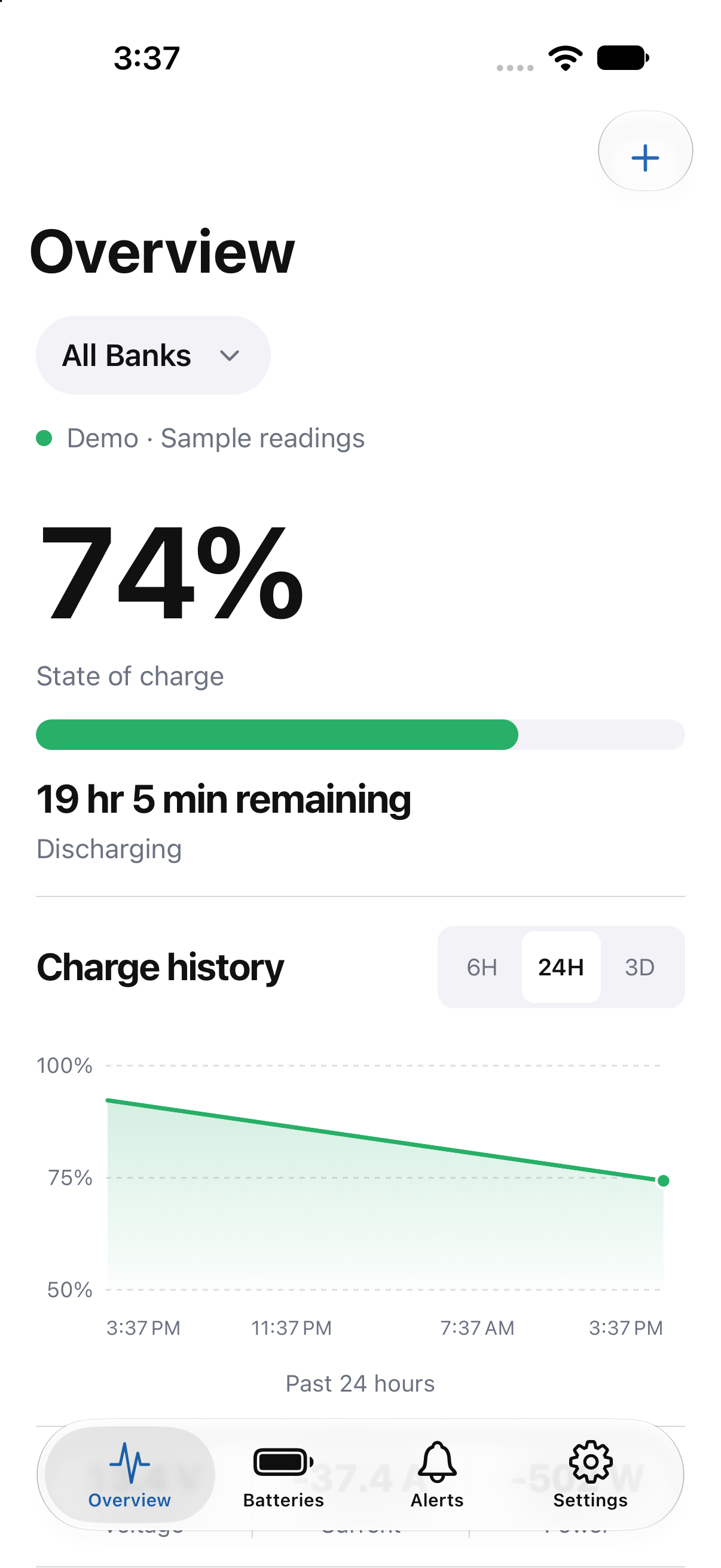 VoltIQ phone overview displaying sample battery charge and remaining runtime
